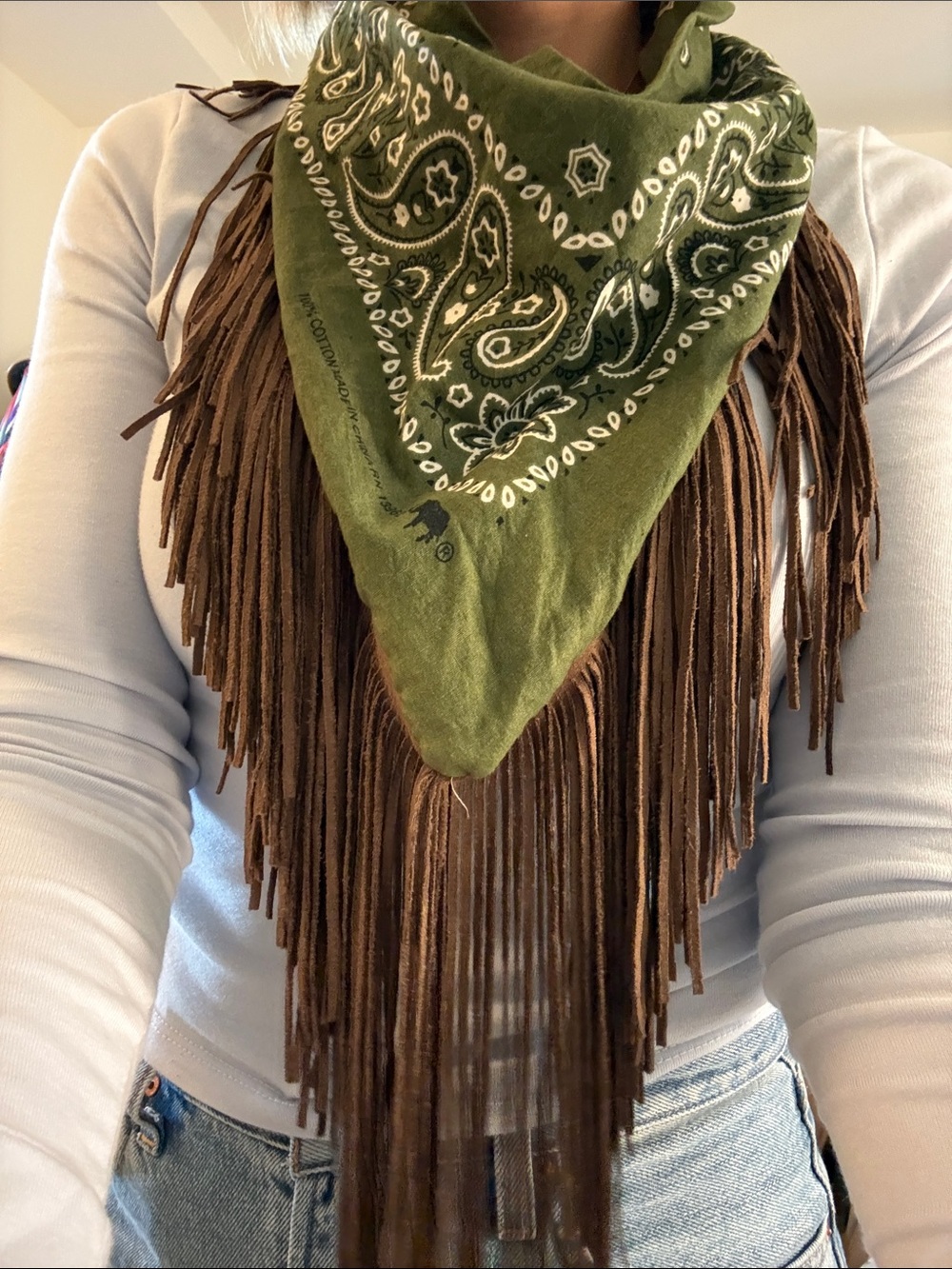 Fringed Olive Green Bandana Scarf for Women